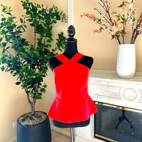 Rare BCBGMAXAZRIA Sculpted Peplum Halter Top – Crisscross Back – Red - Picture 3 of 8